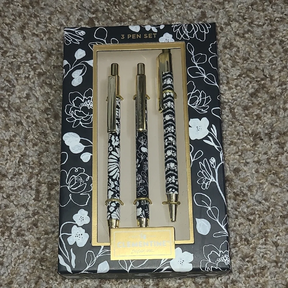 Clementine Black Floral 3-Piece Pen Set with Gold Accents